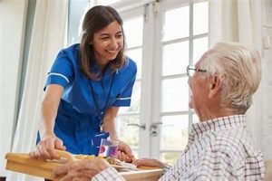 community nurse serving elderly client a meal